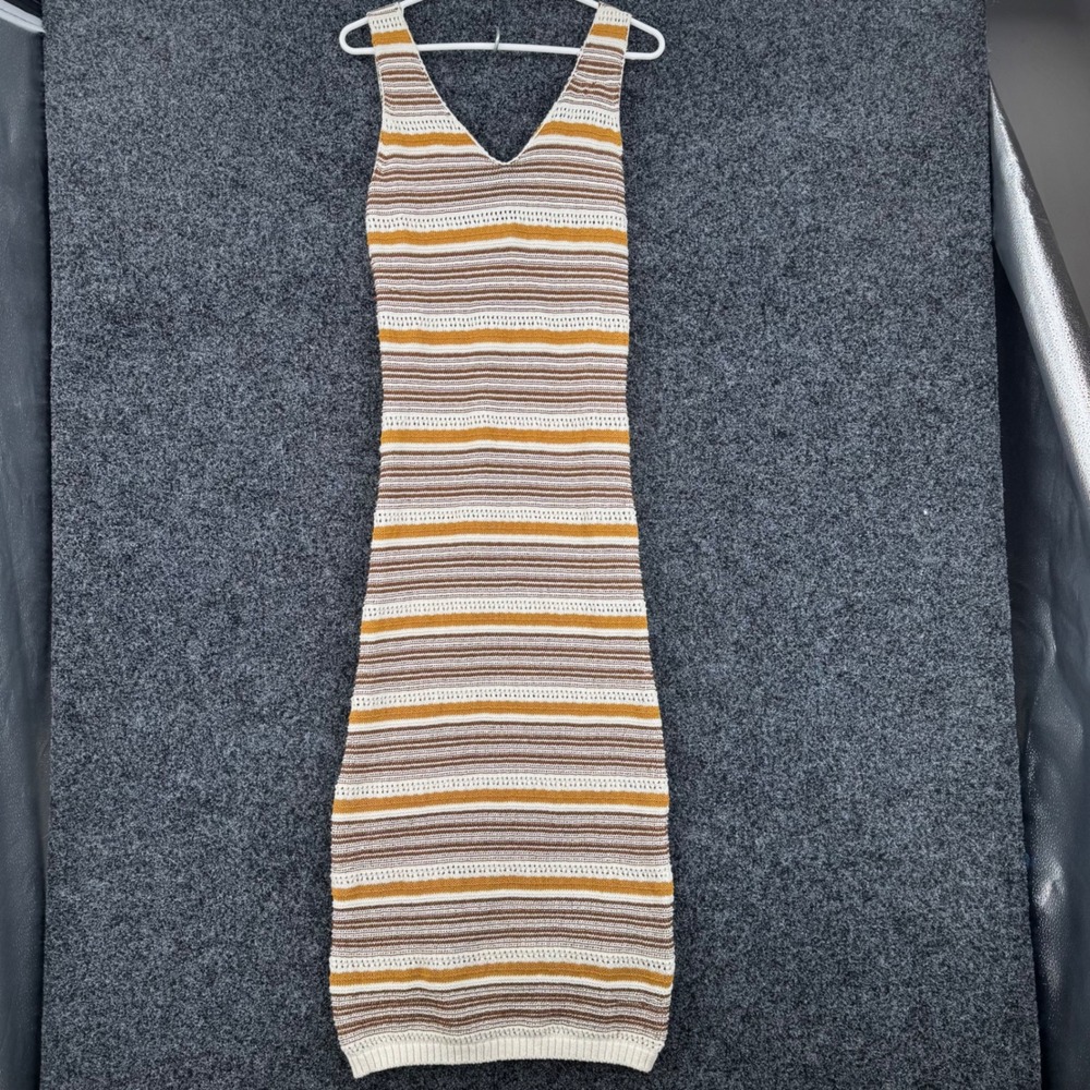 House of Harlow 1960 Striped Knit Maxi Dress V-Neck Sleeveless Brown Yellow Med